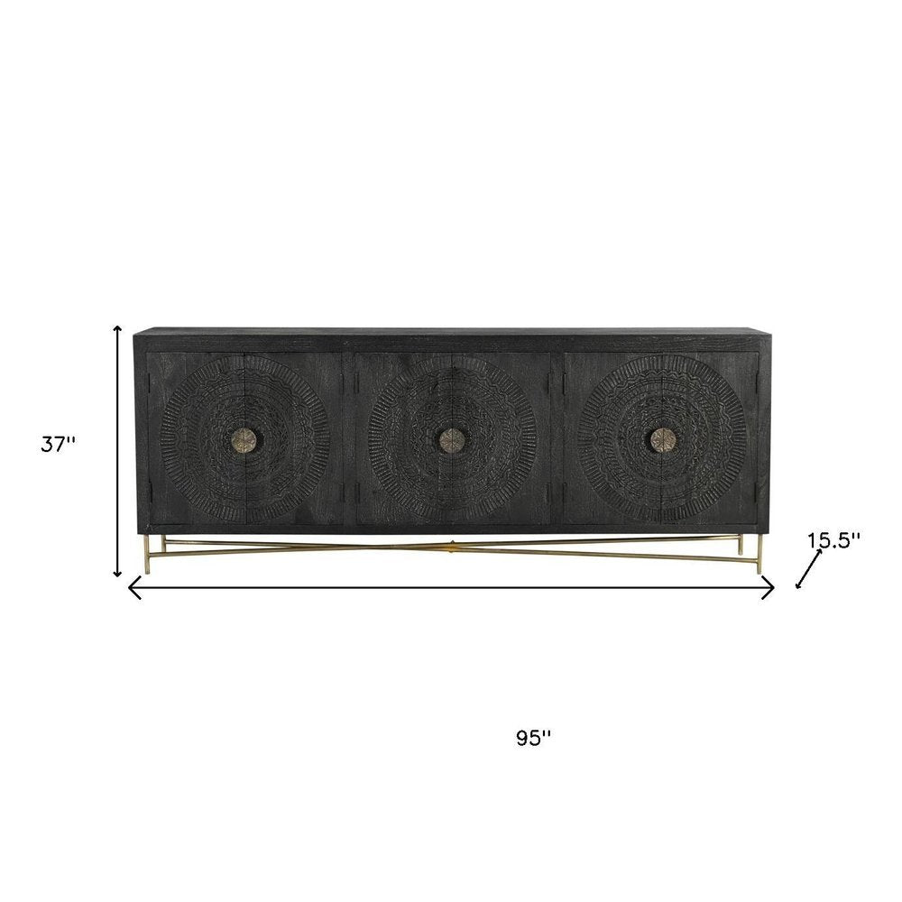 95" Black Distressed Solid Wood Carved Geometric Sideboard with Six Doors