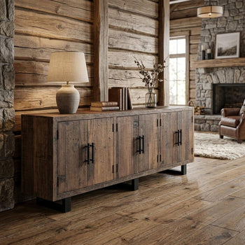 100" Dark Brown Distressed Reclaimed Wood Sideboard with Six Doors