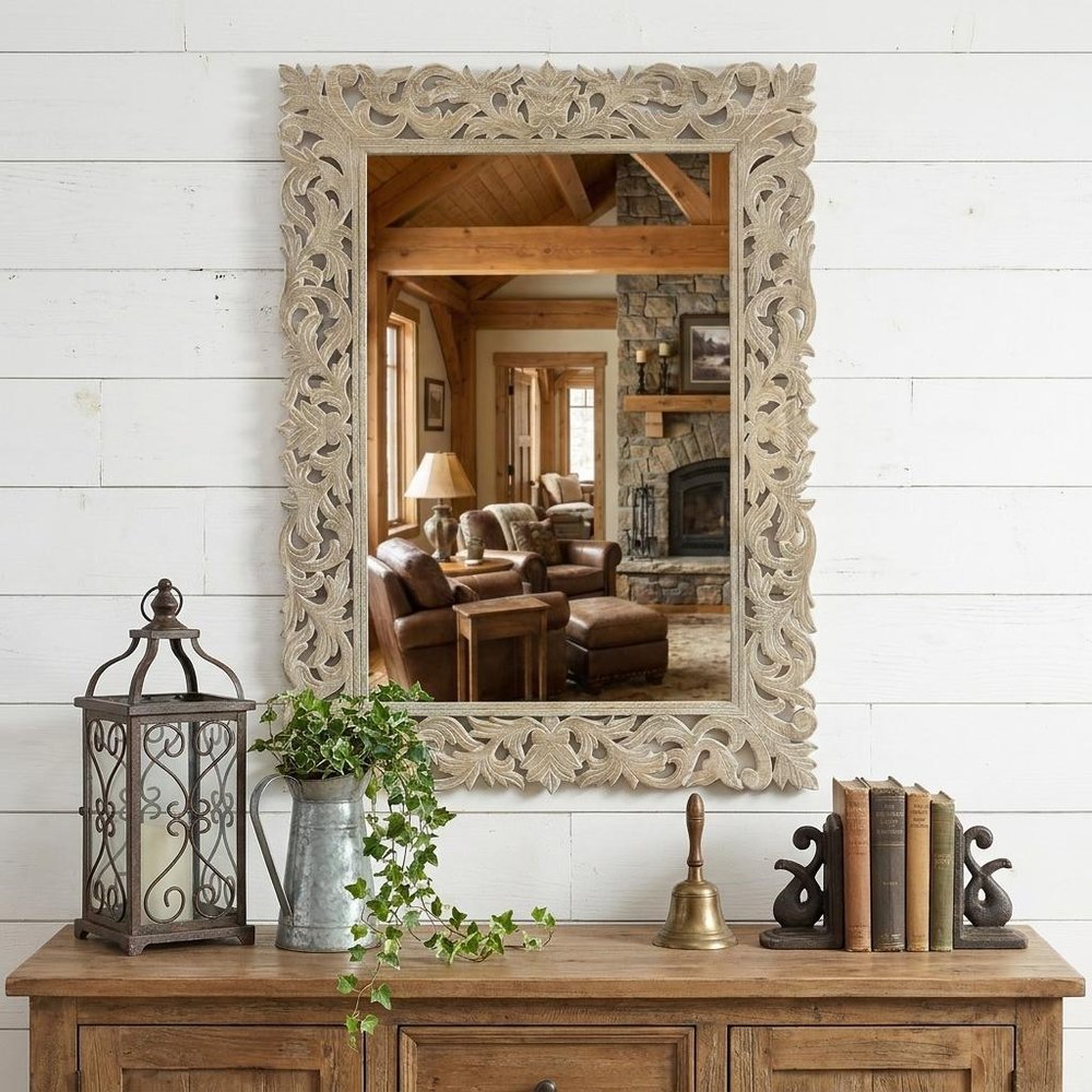 35" Gray Floral Carved Solid Wood Framed Accent Mirror