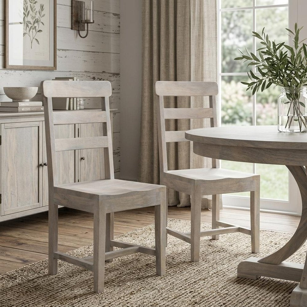 Set of Two White Wood Ladder Back Dining Side Chairs