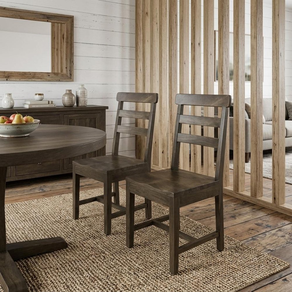 Set of Two Dark Brown Wood Ladder Back Dining Side Chairs