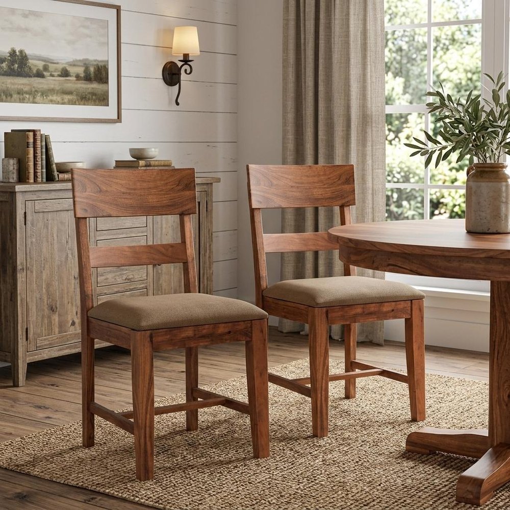 Set of Two Brown Upholstered Fabric Slat Back Dining Side Chairs