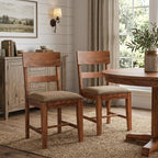 Set of Two Brown Upholstered Fabric Slat Back Dining Side Chairs