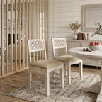 Set of Two Brown And White Upholstered Fabric Carved Back Dining Side Chairs