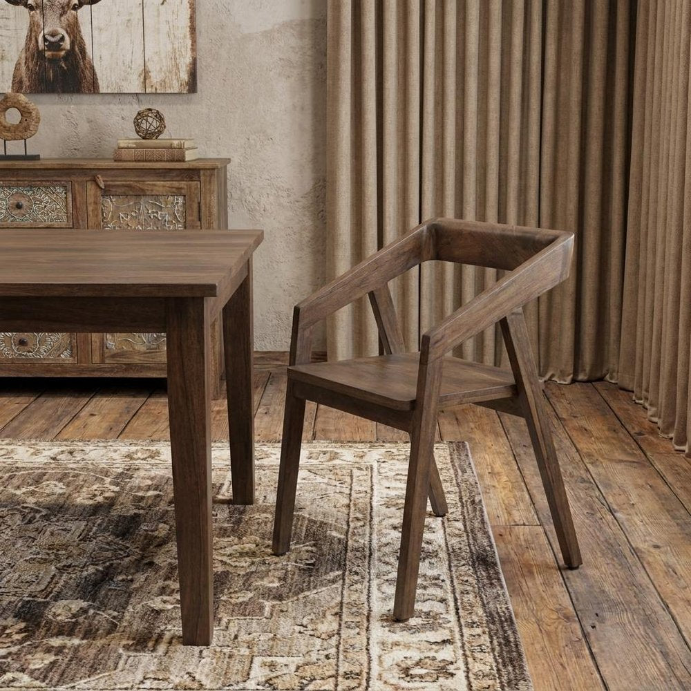 Dark Brown Solid Wood Open Back Dining Arm Chair