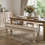 58" White Floral Distressed Solid Wood Dining Bench