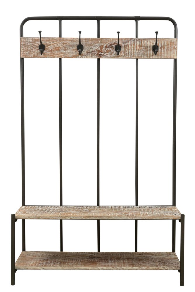 71" Black And Brown Metal And Solid Wood Four Hooks Freestanding Coat Rack
