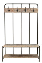 71" Black And Brown Metal And Solid Wood Four Hooks Freestanding Coat Rack