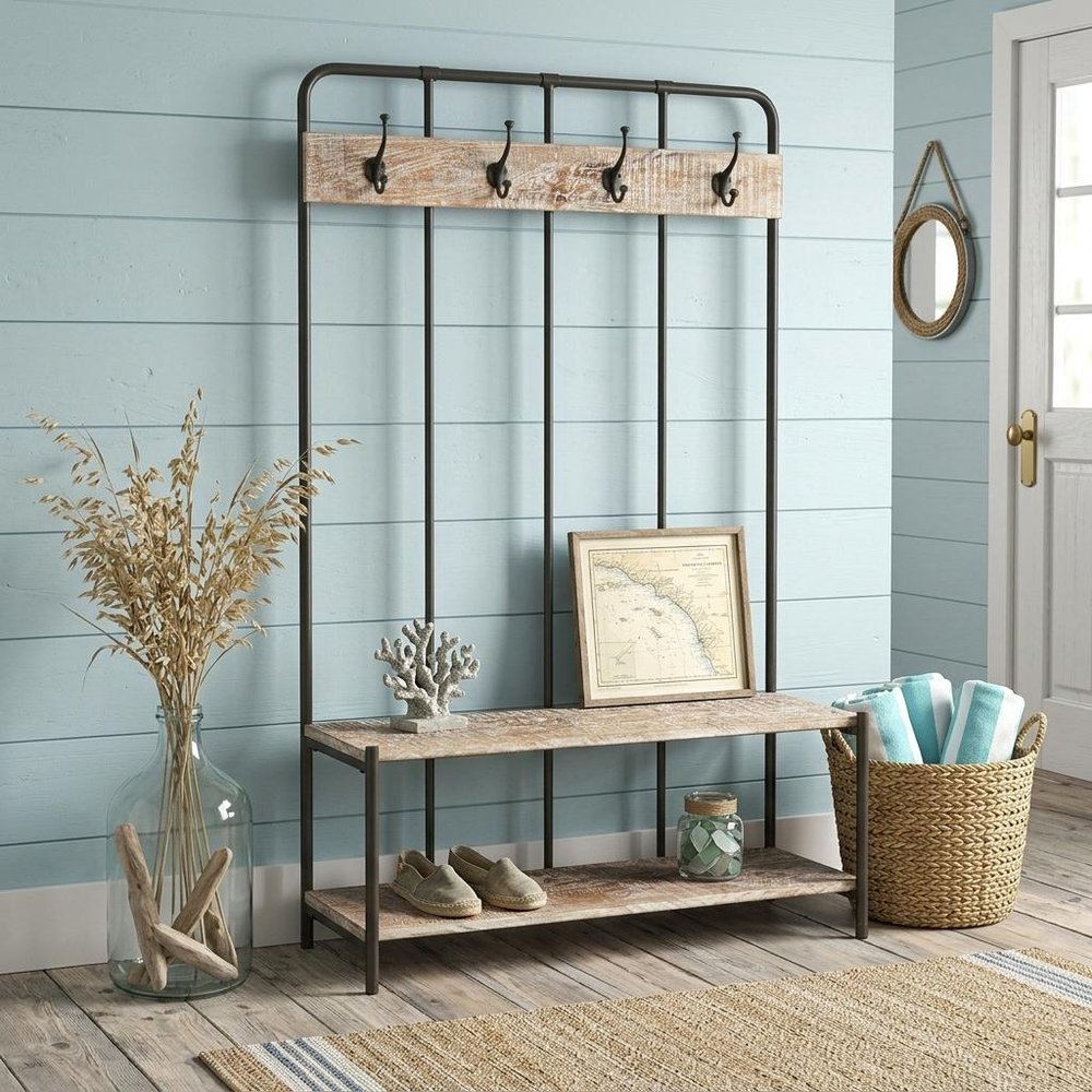 71" Black And Brown Metal And Solid Wood Four Hooks Freestanding Coat Rack