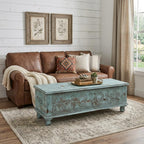 54" Aqua Carved And Distressed Solid Wood Lift Top Coffee Table