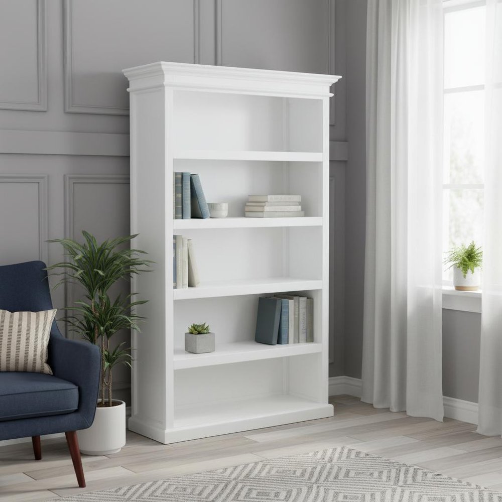 77" Antiqued White Solid Wood Five Tier Bookcase