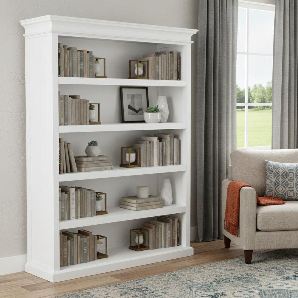 77" Antiqued White Solid Wood Five Tier Bookcase