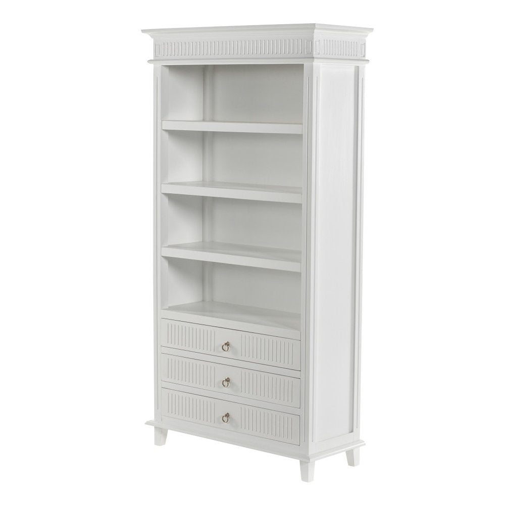 Antiqued White Solid Wood Four Tier Bookcase with Three Drawers