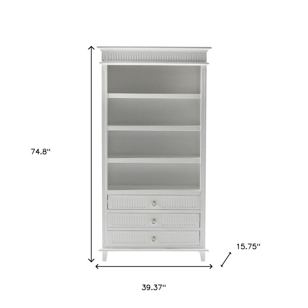 Antiqued White Solid Wood Four Tier Bookcase with Three Drawers