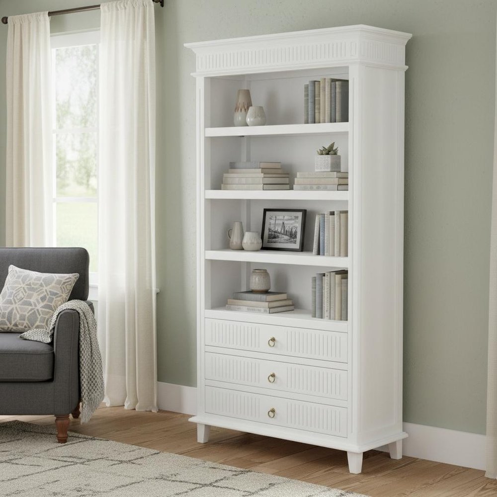 Antiqued White Solid Wood Four Tier Bookcase with Three Drawers