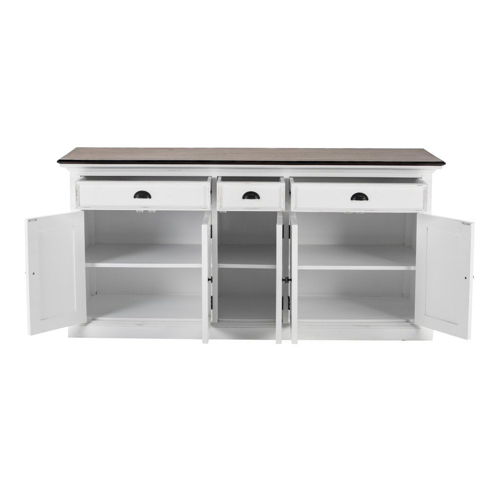 74" Antiqued White Solid Wood Three Drawer Buffet Table with Five Doors