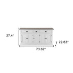 74" Antiqued White Solid Wood Three Drawer Buffet Table with Five Doors
