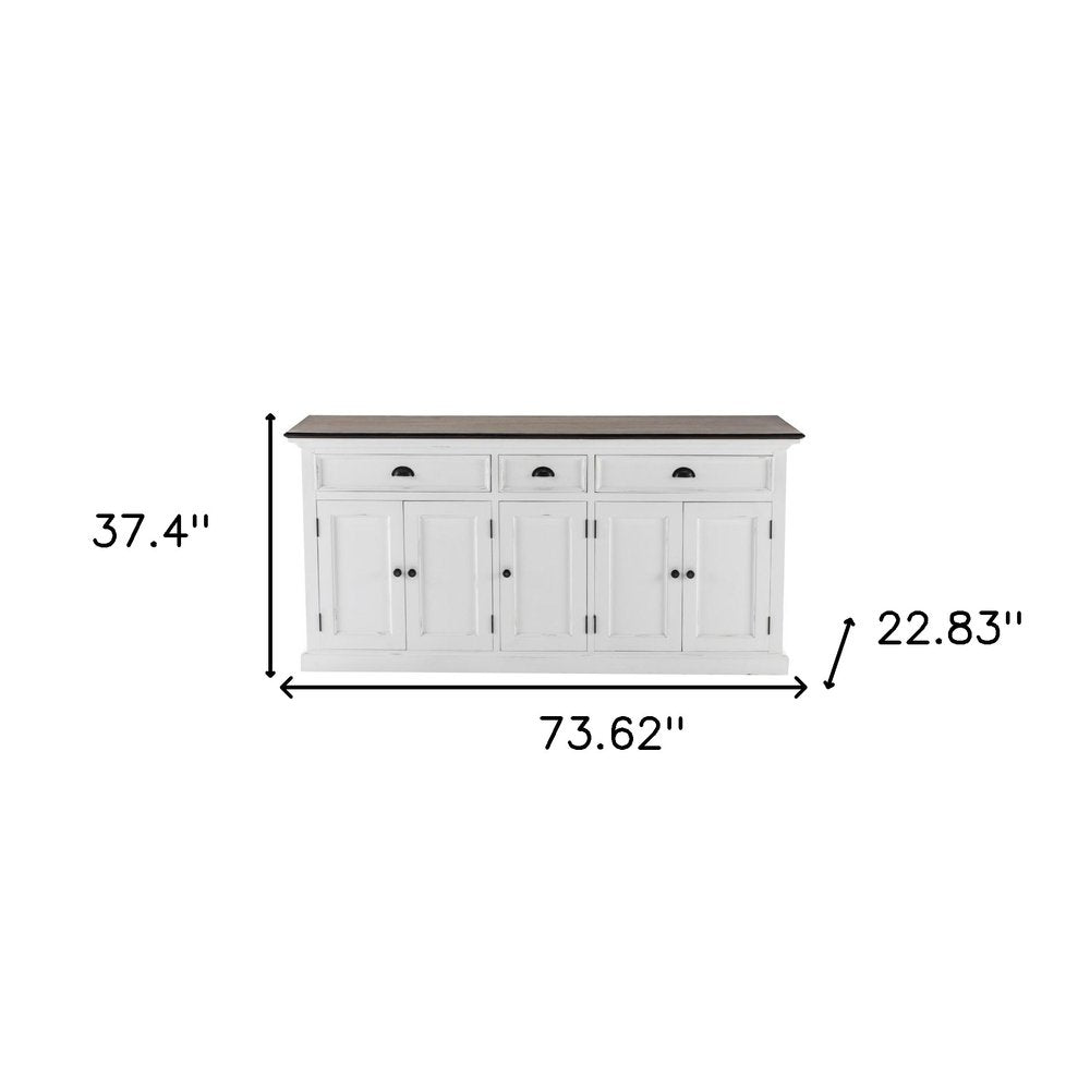 74" Antiqued White Solid Wood Three Drawer Buffet Table with Five Doors