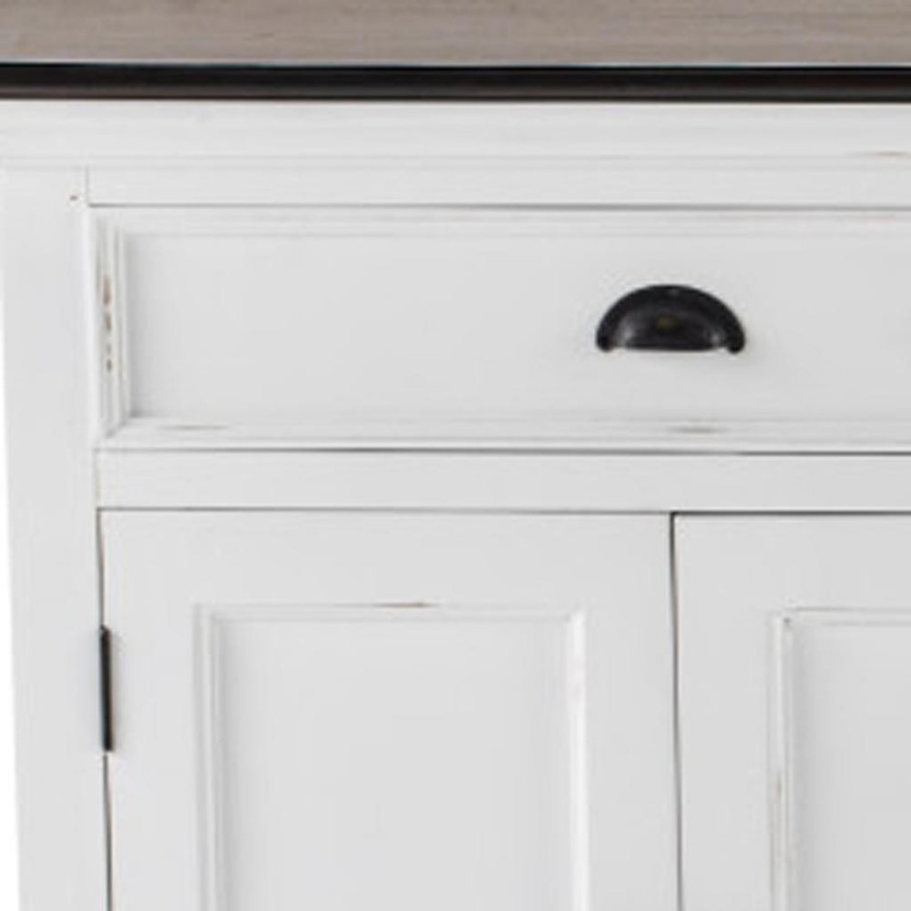 74" Antiqued White Solid Wood Three Drawer Buffet Table with Five Doors