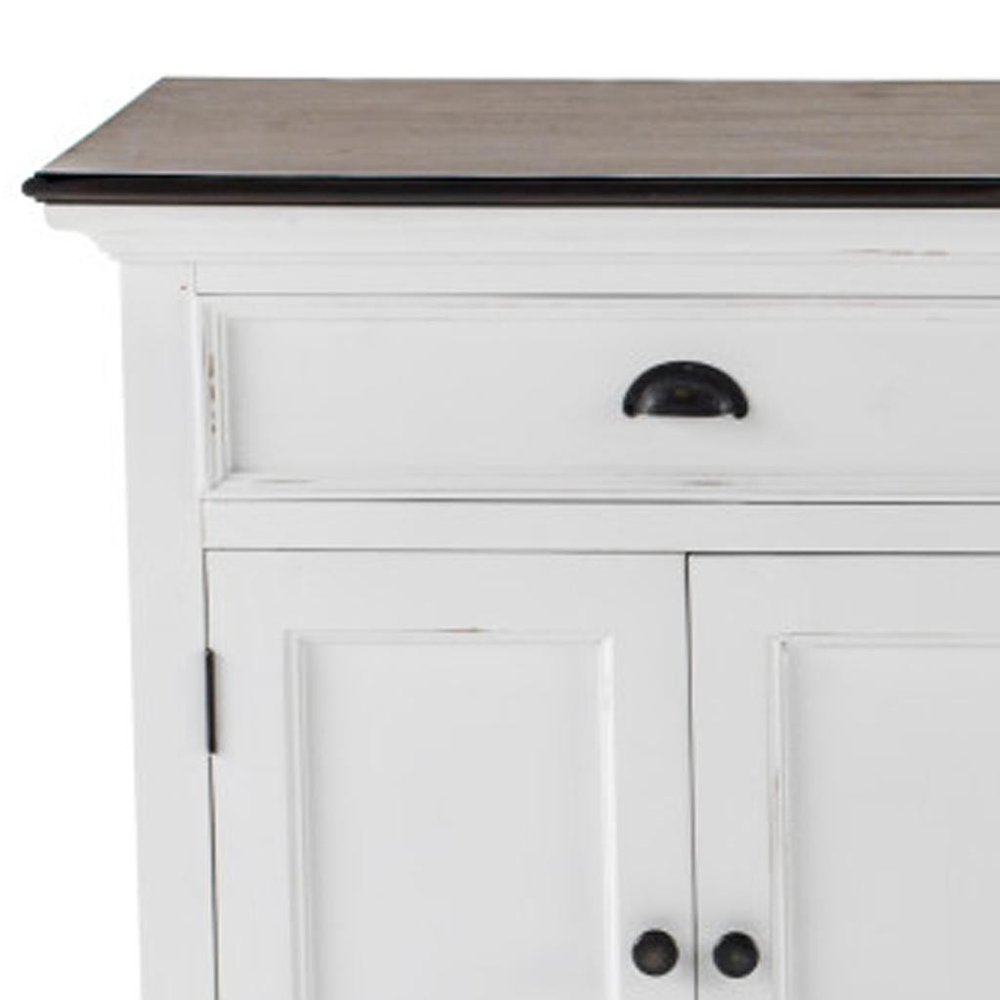 74" Antiqued White Solid Wood Three Drawer Buffet Table with Five Doors