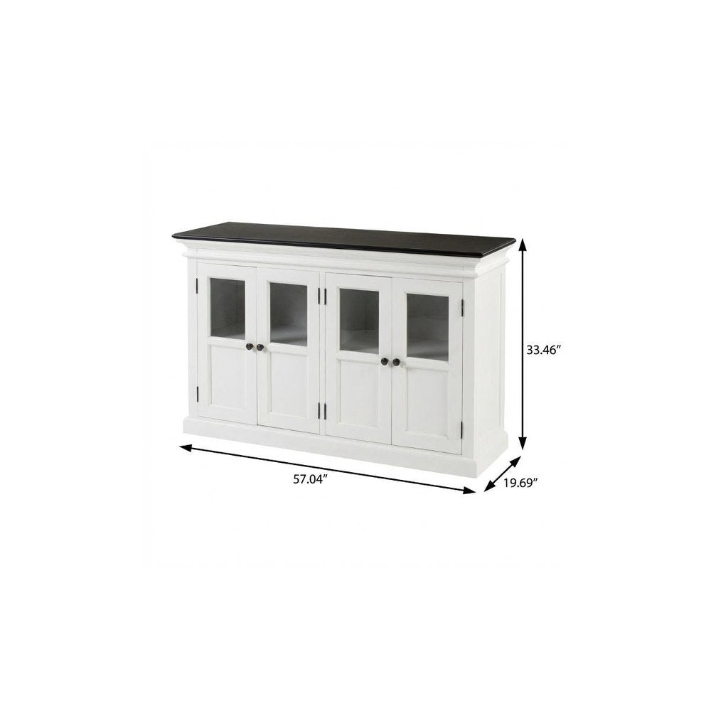 60" White And Black Solid Wood Paneled Buffet Table with Four Glass Doors