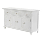 59" White Solid Wood Paneled Three Drawer Buffet Table with Four Doors
