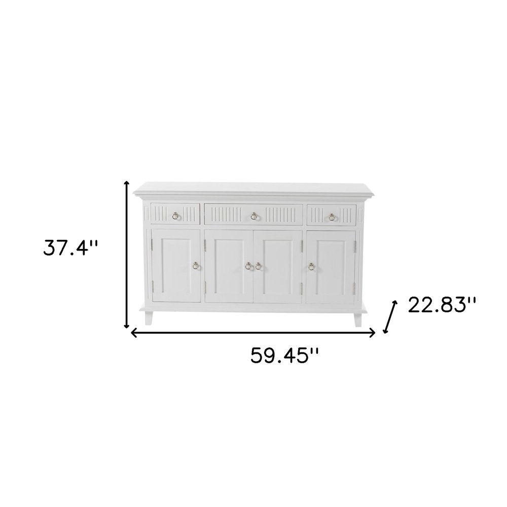 59" White Solid Wood Paneled Three Drawer Buffet Table with Four Doors