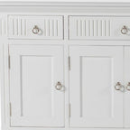 59" White Solid Wood Paneled Three Drawer Buffet Table with Four Doors