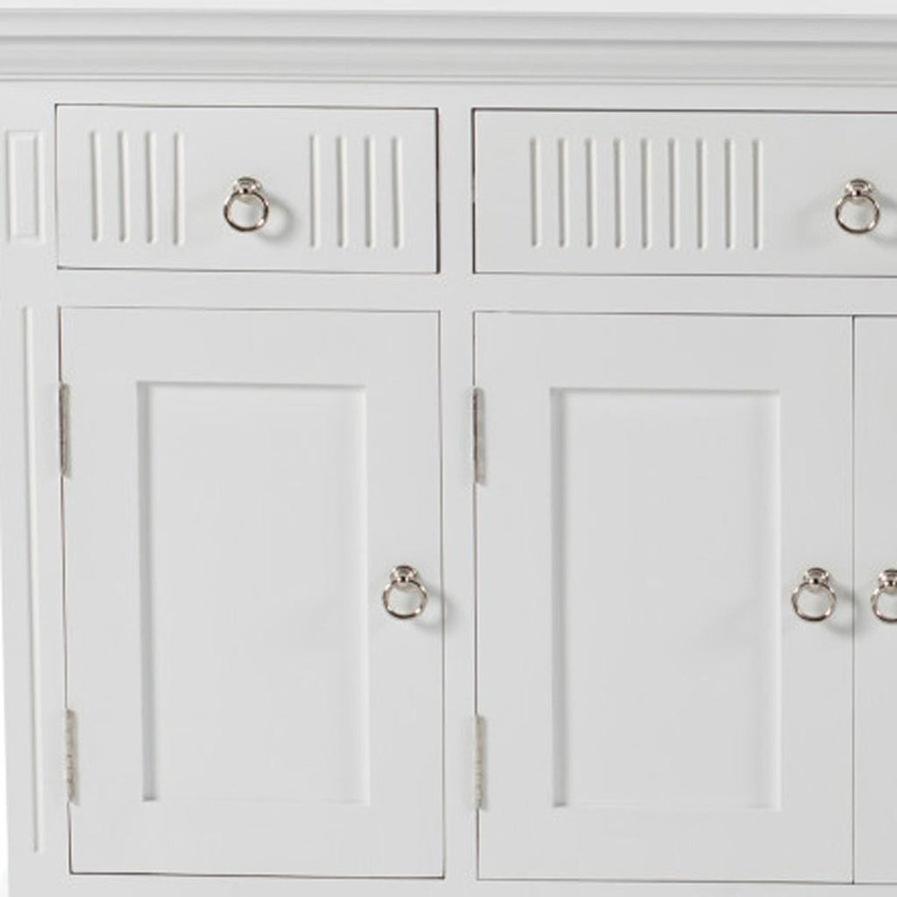 59" White Solid Wood Paneled Three Drawer Buffet Table with Four Doors