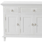 59" White Solid Wood Paneled Three Drawer Buffet Table with Four Doors