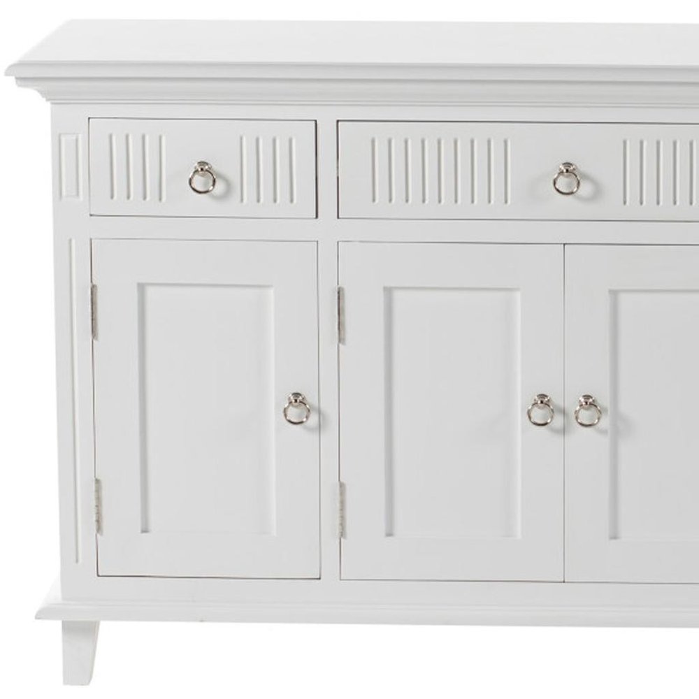 59" White Solid Wood Paneled Three Drawer Buffet Table with Four Doors