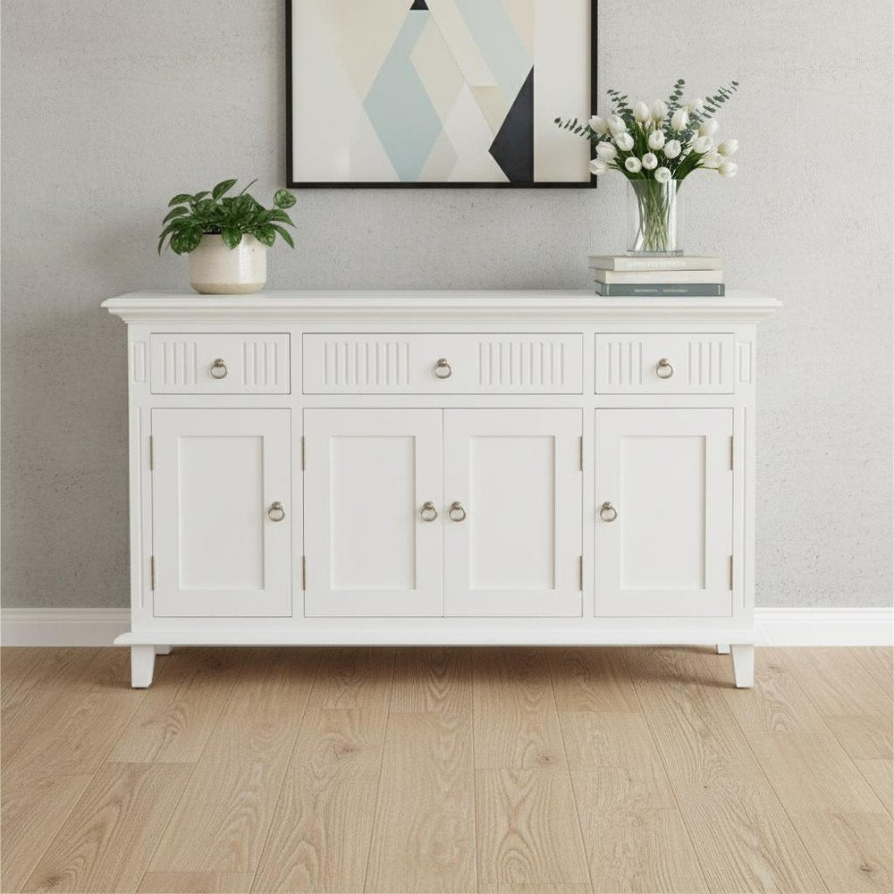 59" White Solid Wood Paneled Three Drawer Buffet Table with Four Doors