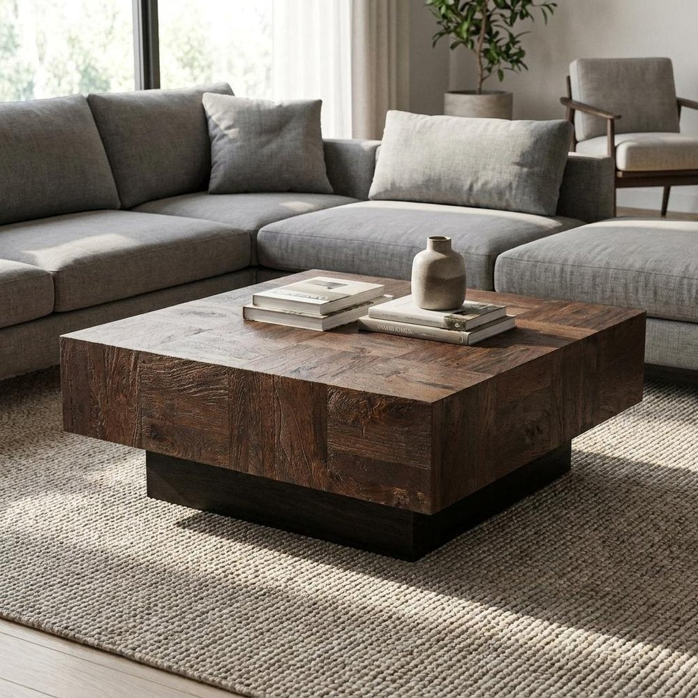 40" Dark Brown and Black Solid Wood Square Block Coffee Table