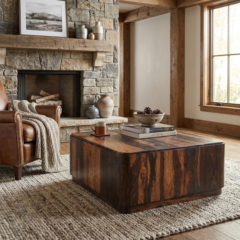 40" Dark Brown and Black Solid Wood Square Block Coffee Table
