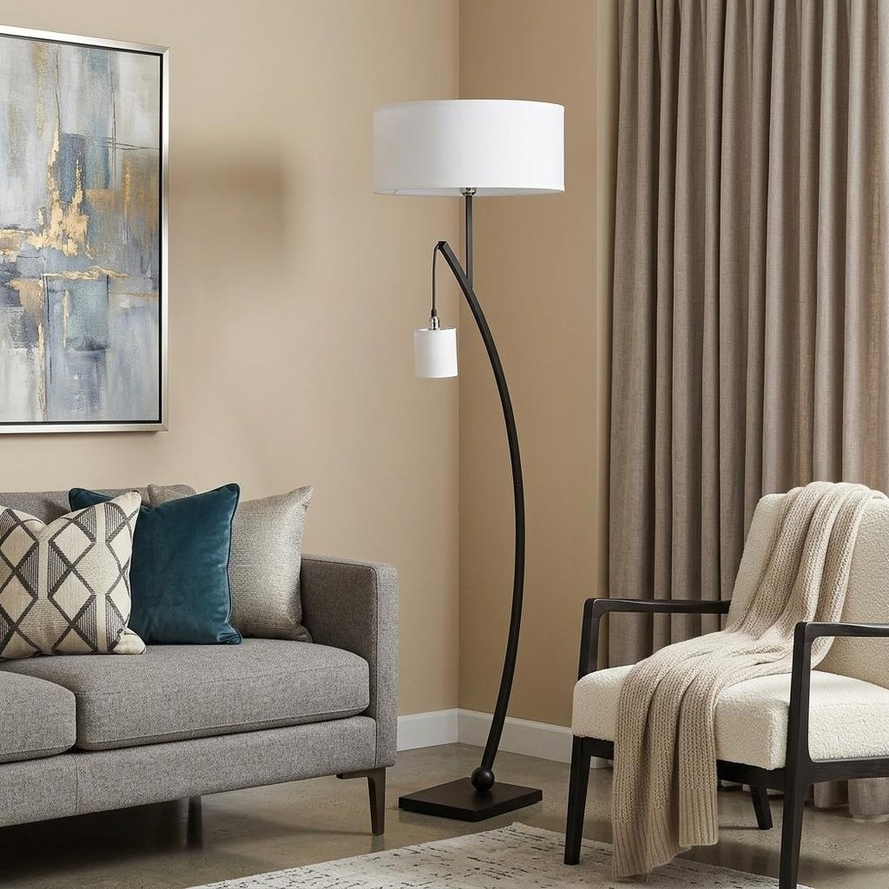 59" Matte Black Dual Arc Floor Lamp With White Drum Shade