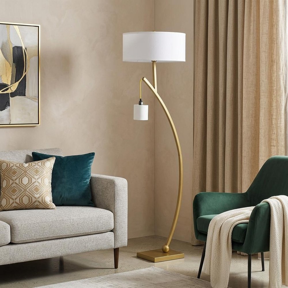59" Gold And White Arc Floor Lamp With White Fabric Drum Shade