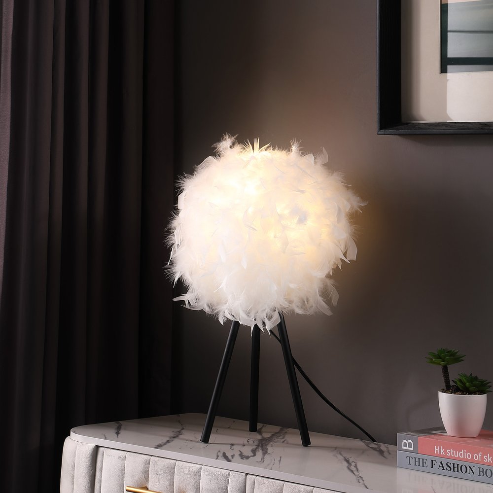 21" Black And White Faux Feather Tripod Table Lamp