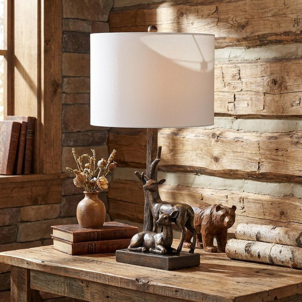20" Bronze Mom and Baby Deer Table Lamp With White Drum Shade