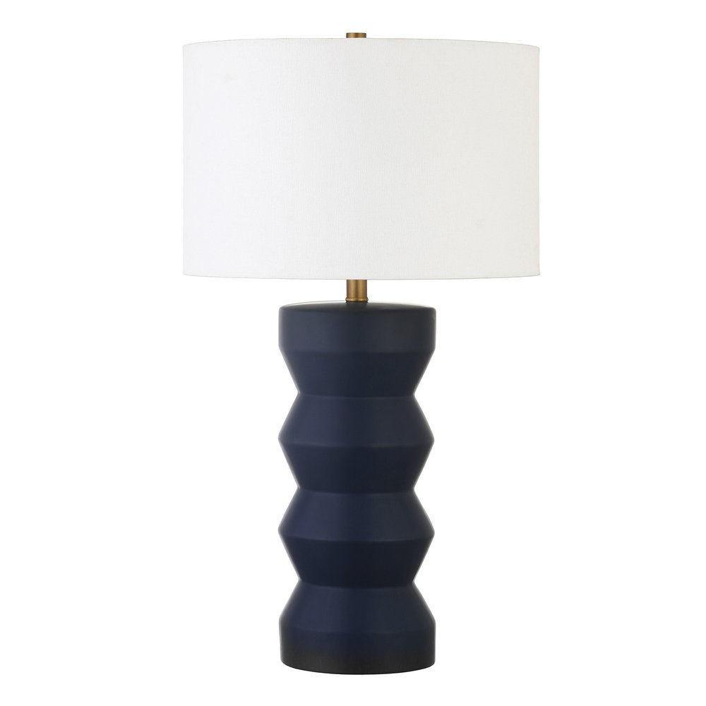 28" Navy Blue Geometric Table Lamp With Drum Shade