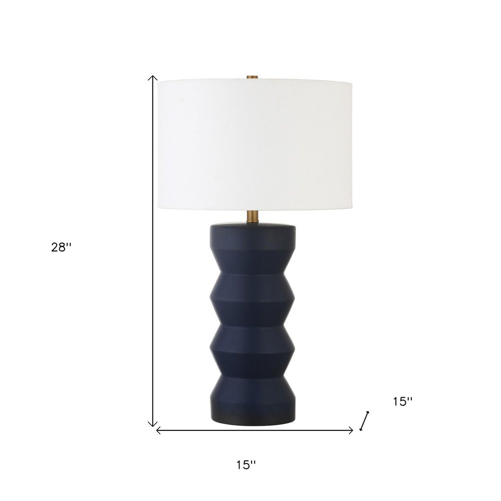 28" Navy Blue Geometric Table Lamp With Drum Shade