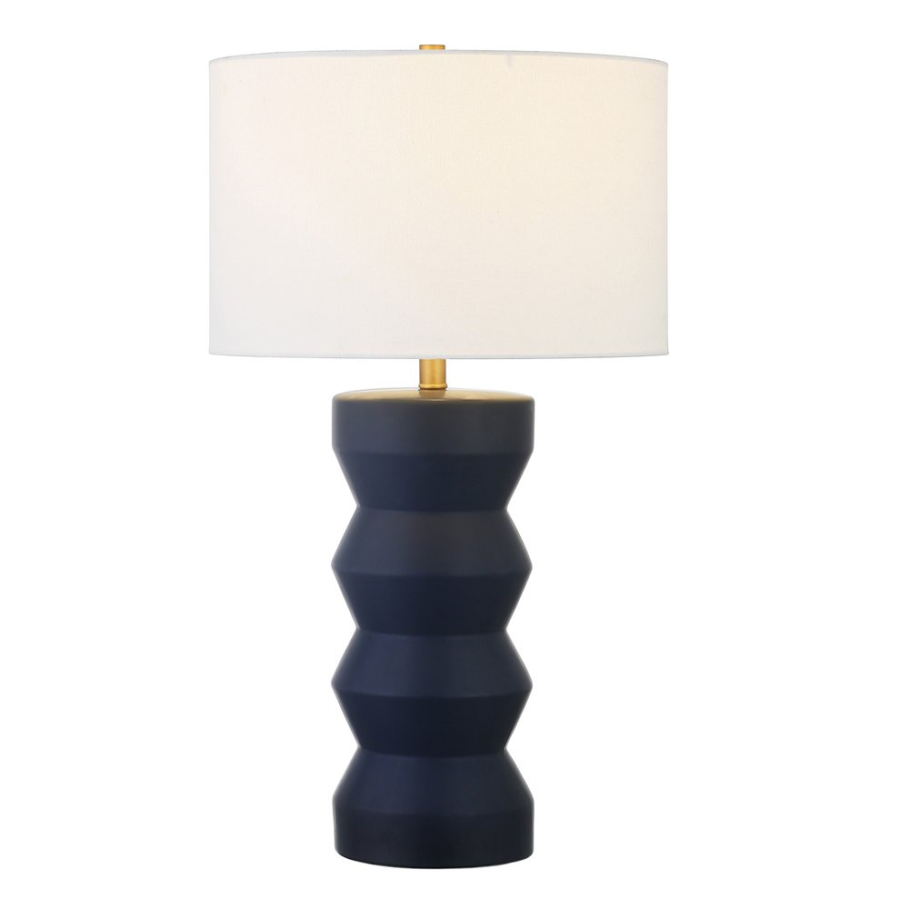28" Navy Blue Geometric Table Lamp With Drum Shade