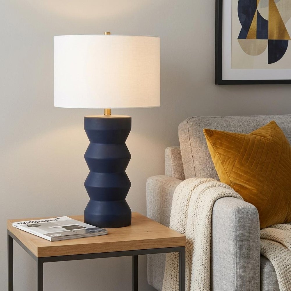28" Navy Blue Geometric Table Lamp With Drum Shade