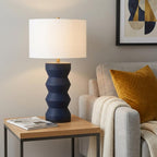 28" Navy Blue Geometric Table Lamp With Drum Shade