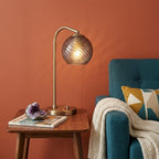 19" Antiqued Brass Metal Desk Lamp With Light Gray Swirl Globe Shade