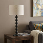 28" Black Solid Wood Candlestick Table Lamp With Off White Drum Shade