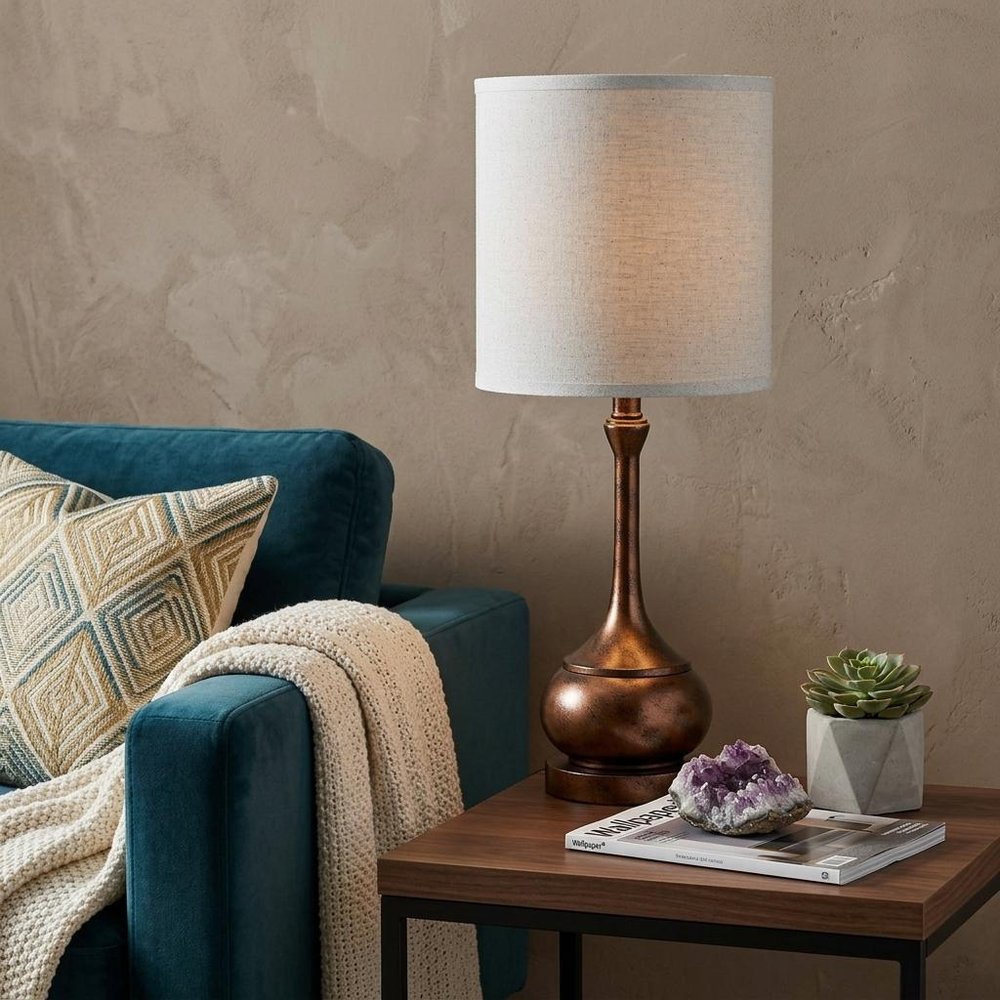 25" Rust Metal Round Table Lamp With White Drum Shade