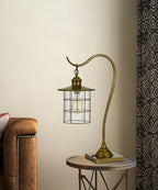 25" Antiqued Brass Metal Lantern Desk Lamp With Antiqued Brass Drum Shade