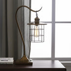 25" Antiqued Brass Metal Lantern Desk Lamp With Antiqued Brass Drum Shade