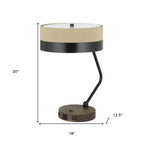 20" Black And Brown Wood And Metal Two Light USB Table Lamp With Beige And Black Shade