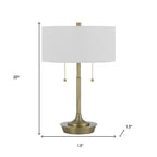 20" Antiqued Brass Metal Two Light Table Lamp With White Drum Shade